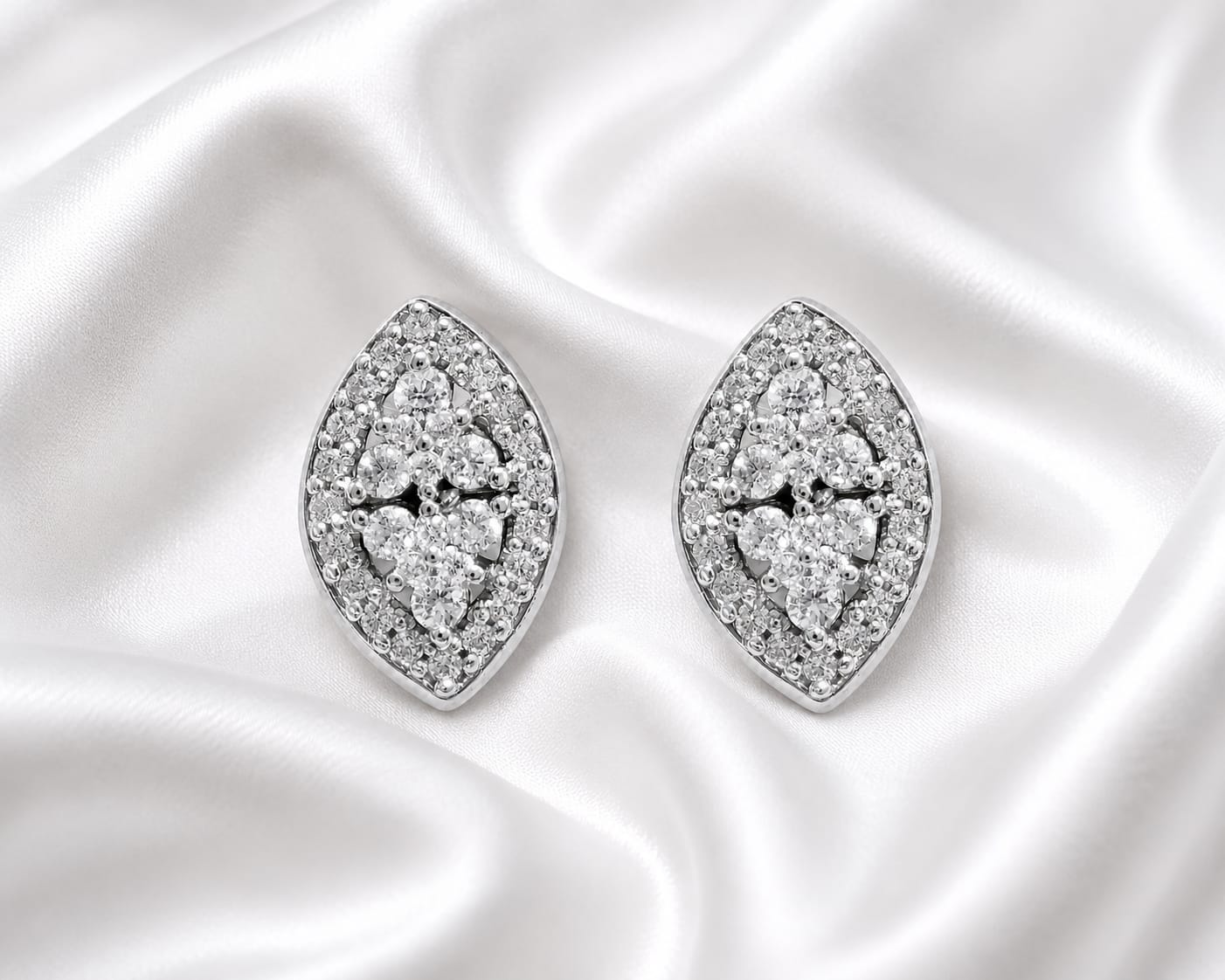 Elegant Marquise Floral CZ Stud Earrings – Silver Finish