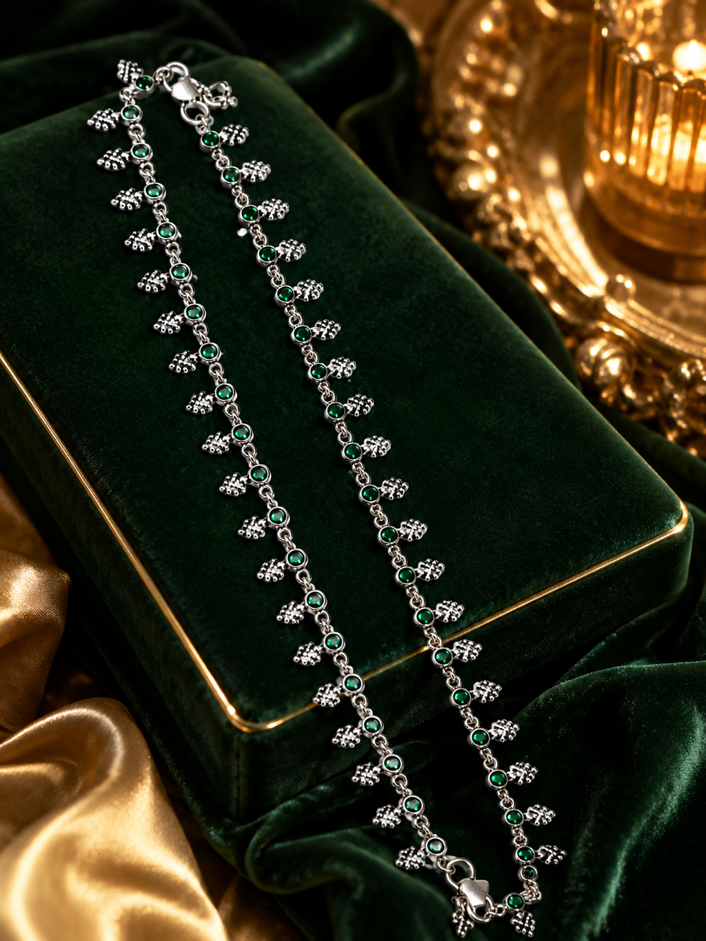 Emerald Green Silver Charm Anklets