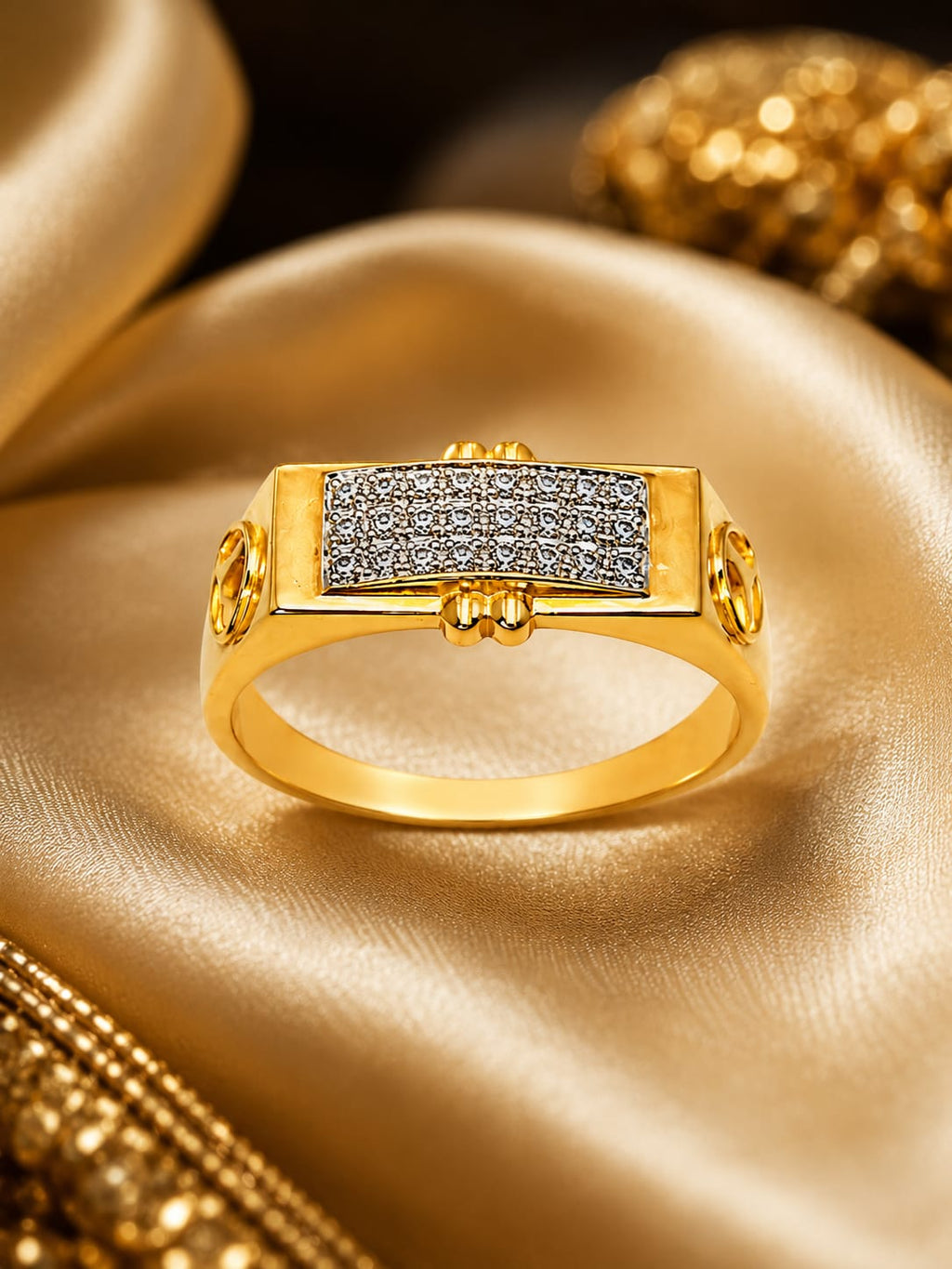 18K Gold Diamond Rectangular Signet Ring for Men