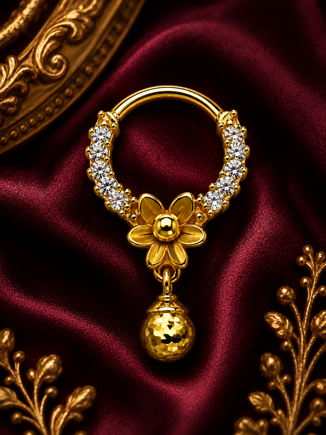 18K Gold Floral Crystal Hoop Nose Ring with Textured Ball Drop
