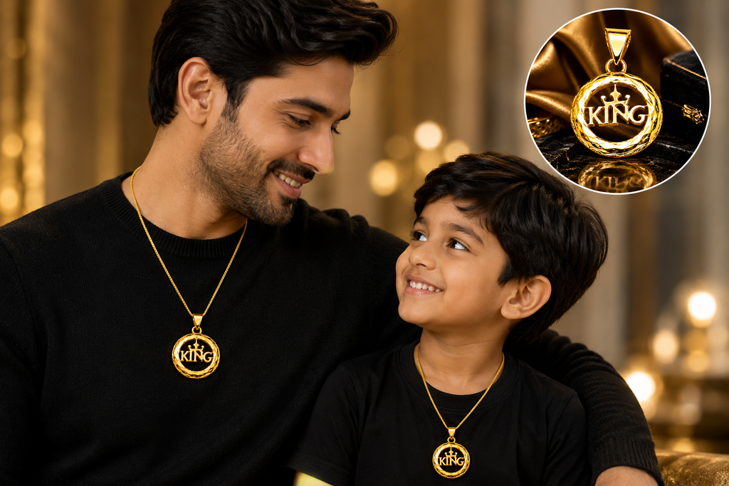 18K Gold KING Crown Round Pendant