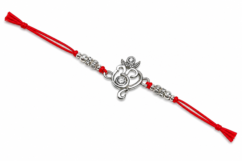 Elegant Silver Om Rakhi with Red Mauli Thread