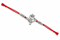 Elegant Silver Om Rakhi with Red Mauli Thread
