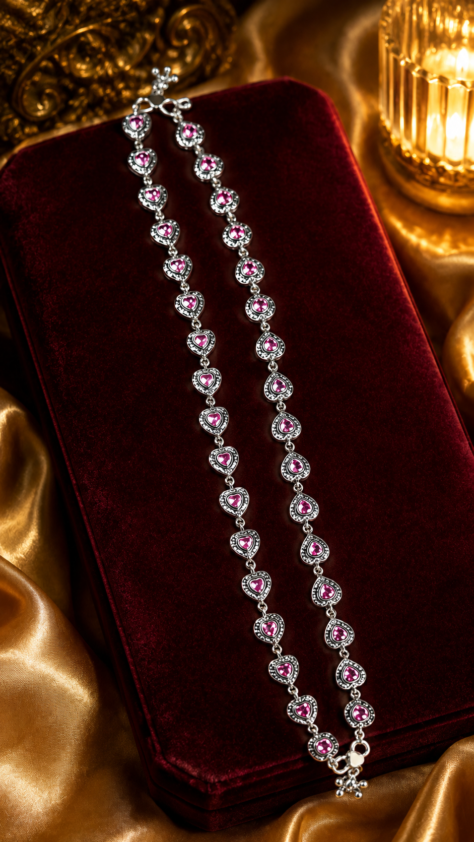 Pink Heart Silver Anklets