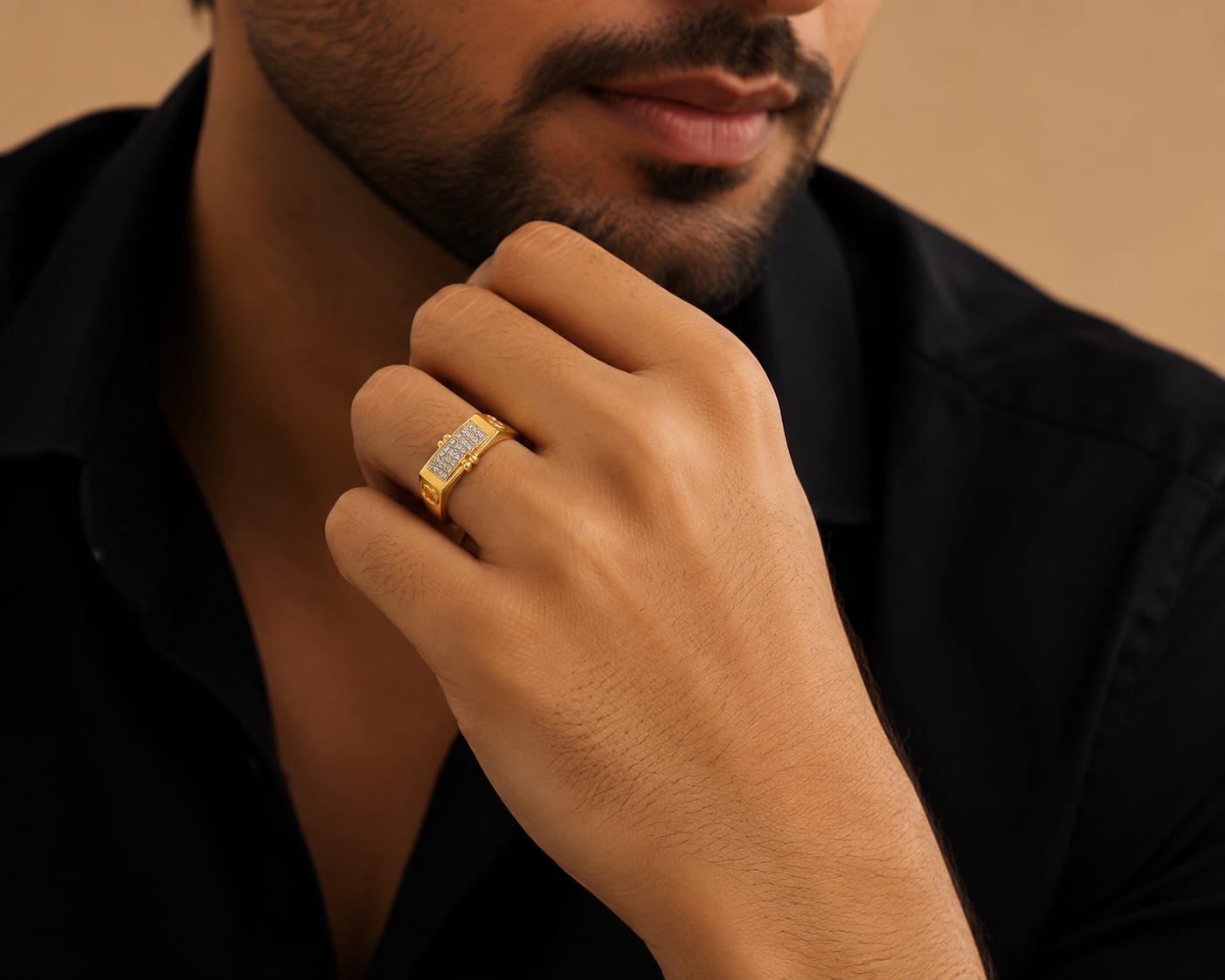 18K Gold Diamond Rectangular Signet Ring for Men