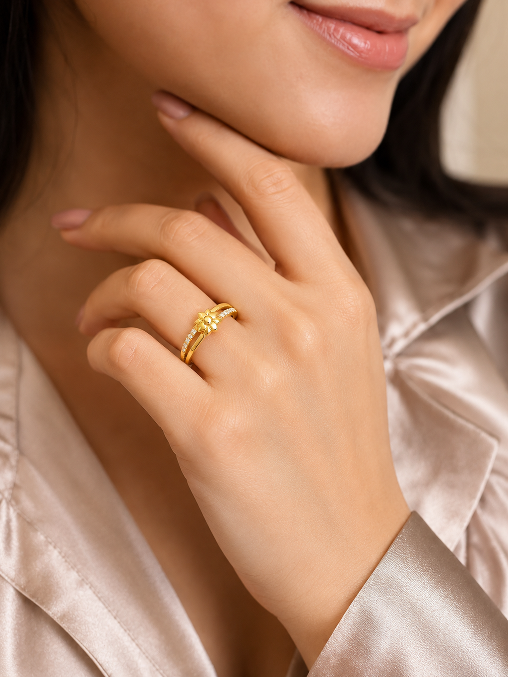 Elegant Floral CZ Gold Ring for Women