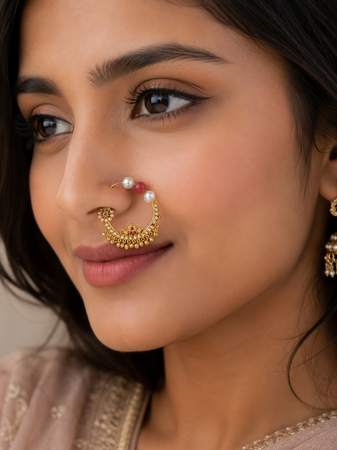 18K Gold Traditional Pearl & Red Stone Nose Ring