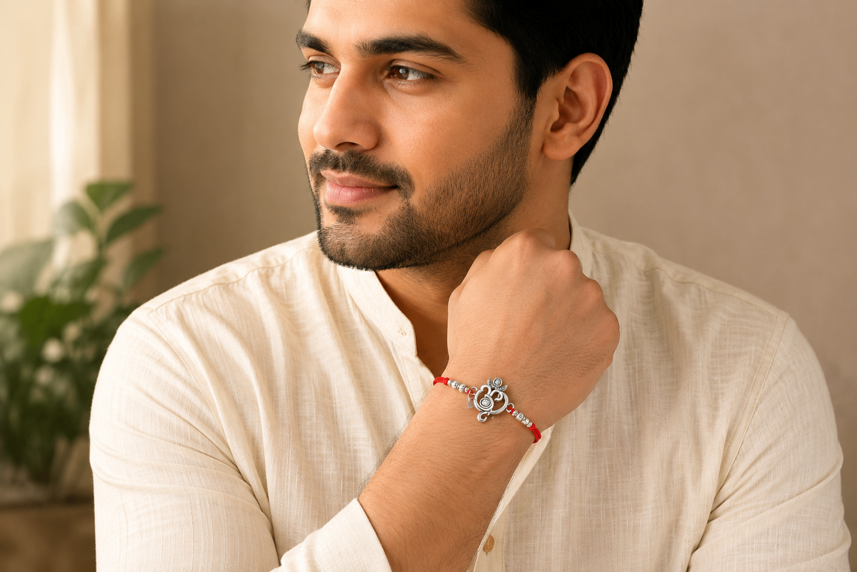 Elegant Silver Om Rakhi with Red Mauli Thread