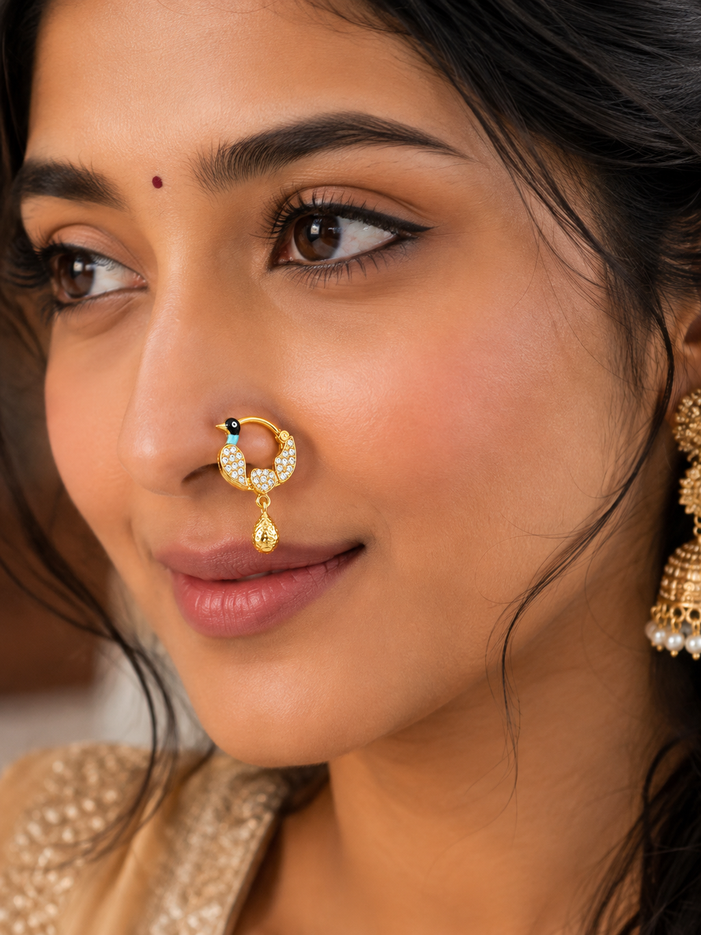18K Gold Peacock-Inspired Nose Ring with Crystal Detailing