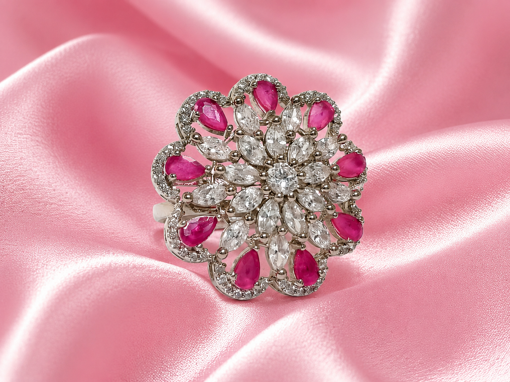 Kritharth Jewels Floral Ruby & Diamond-Inspired Statement Ring