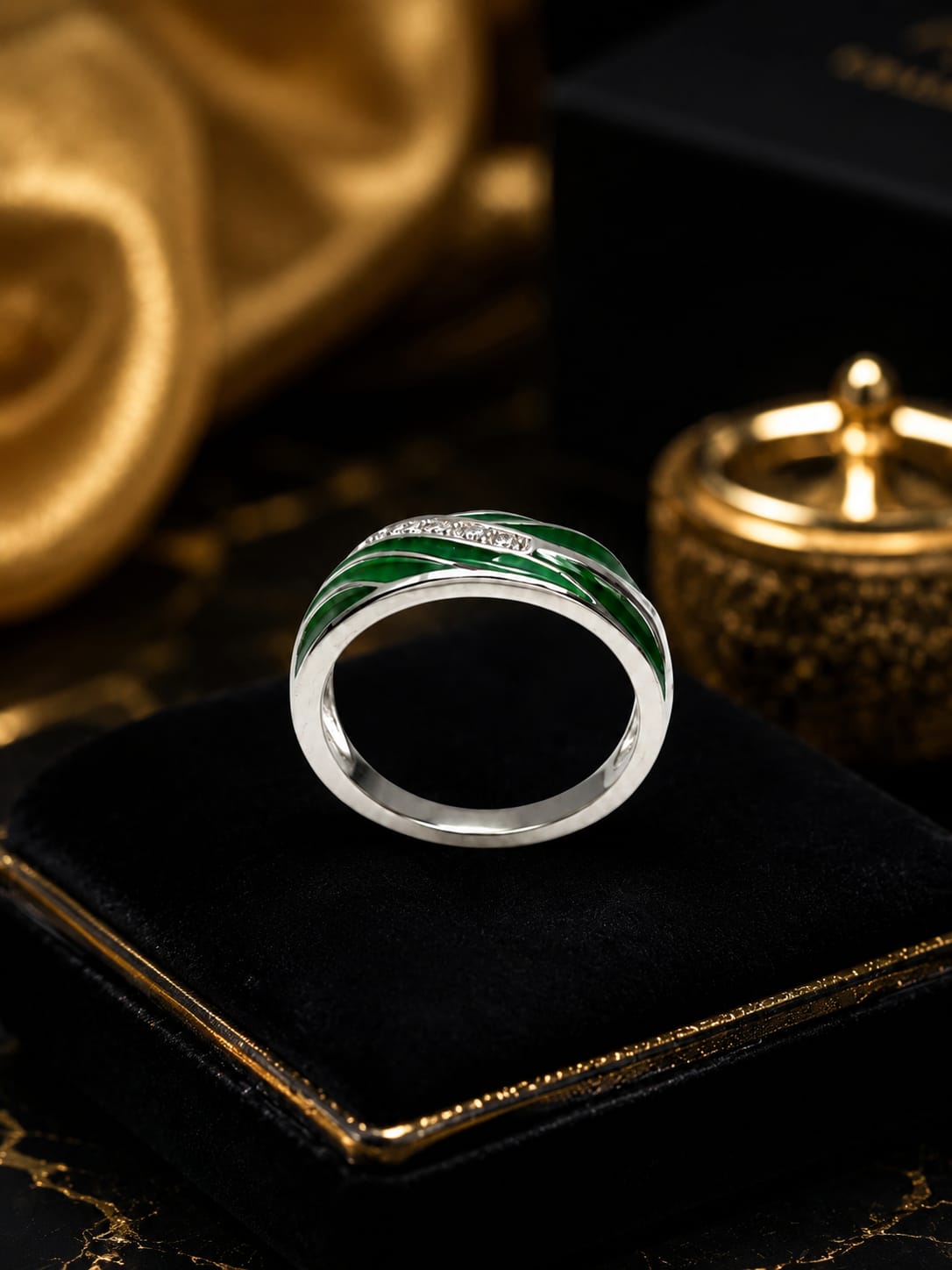 Kritharth Jewels Sterling Silver Green Enamel Ring with Zircon Accent
