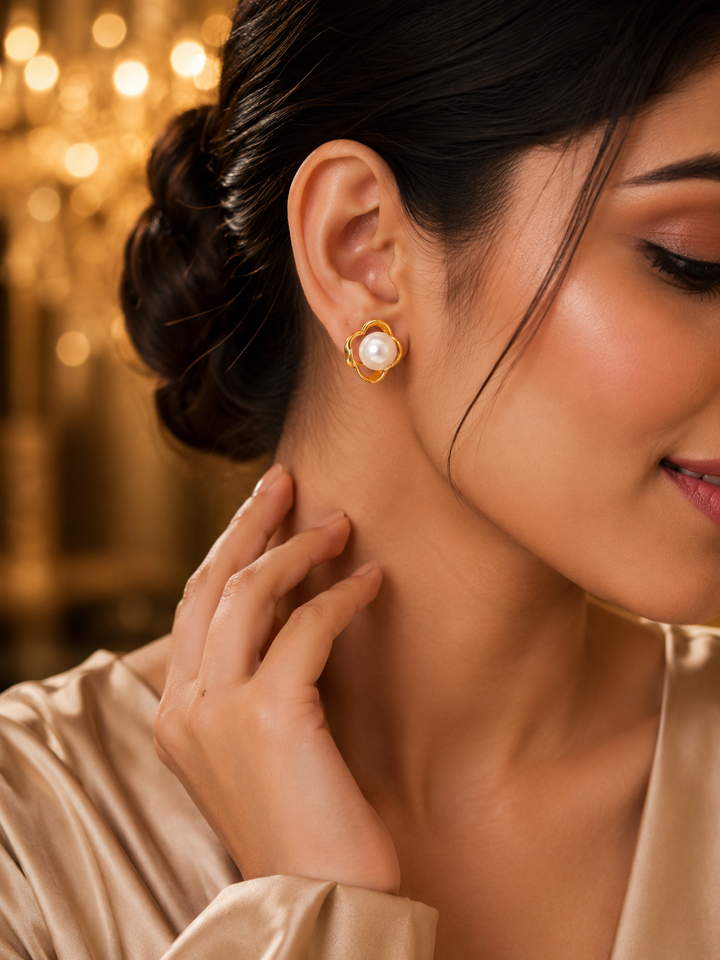 18K Gold  Heart Pearl Stud Earrings