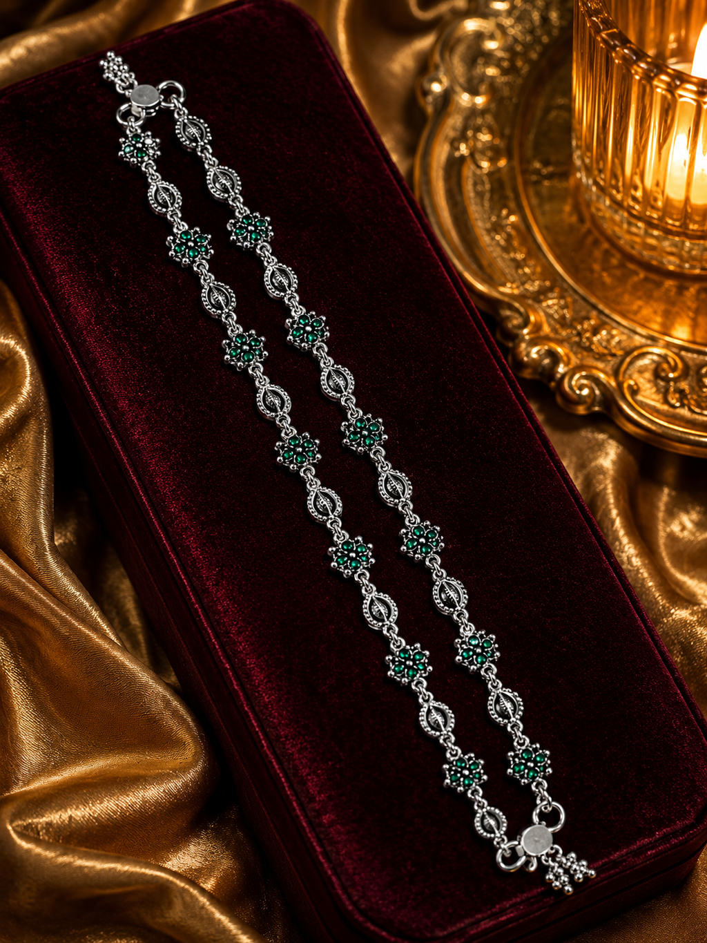 Emerald Floral Silver Anklets