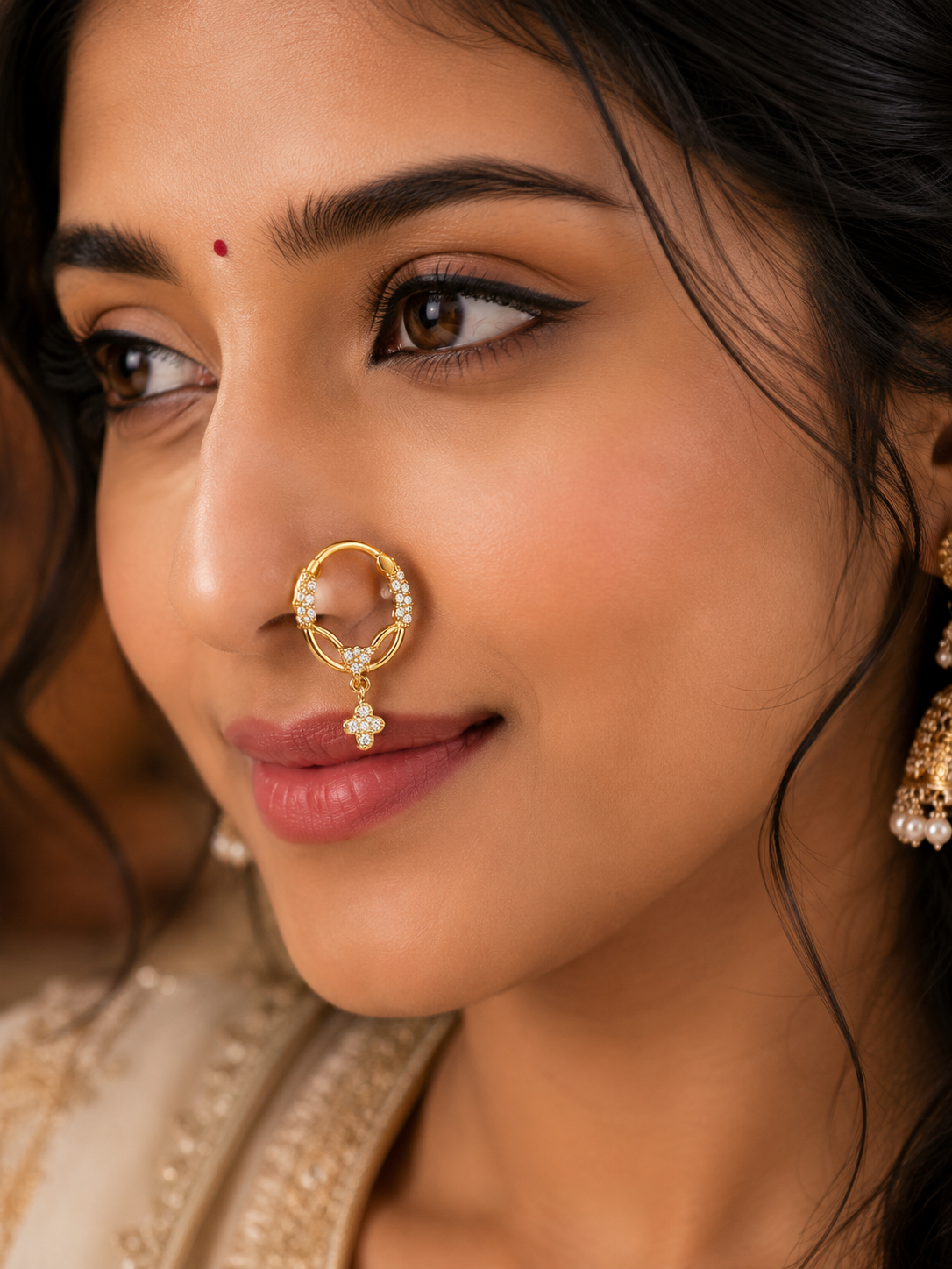 18K Gold Crystal-Embellished Hoop Nose Ring with Floral Drop