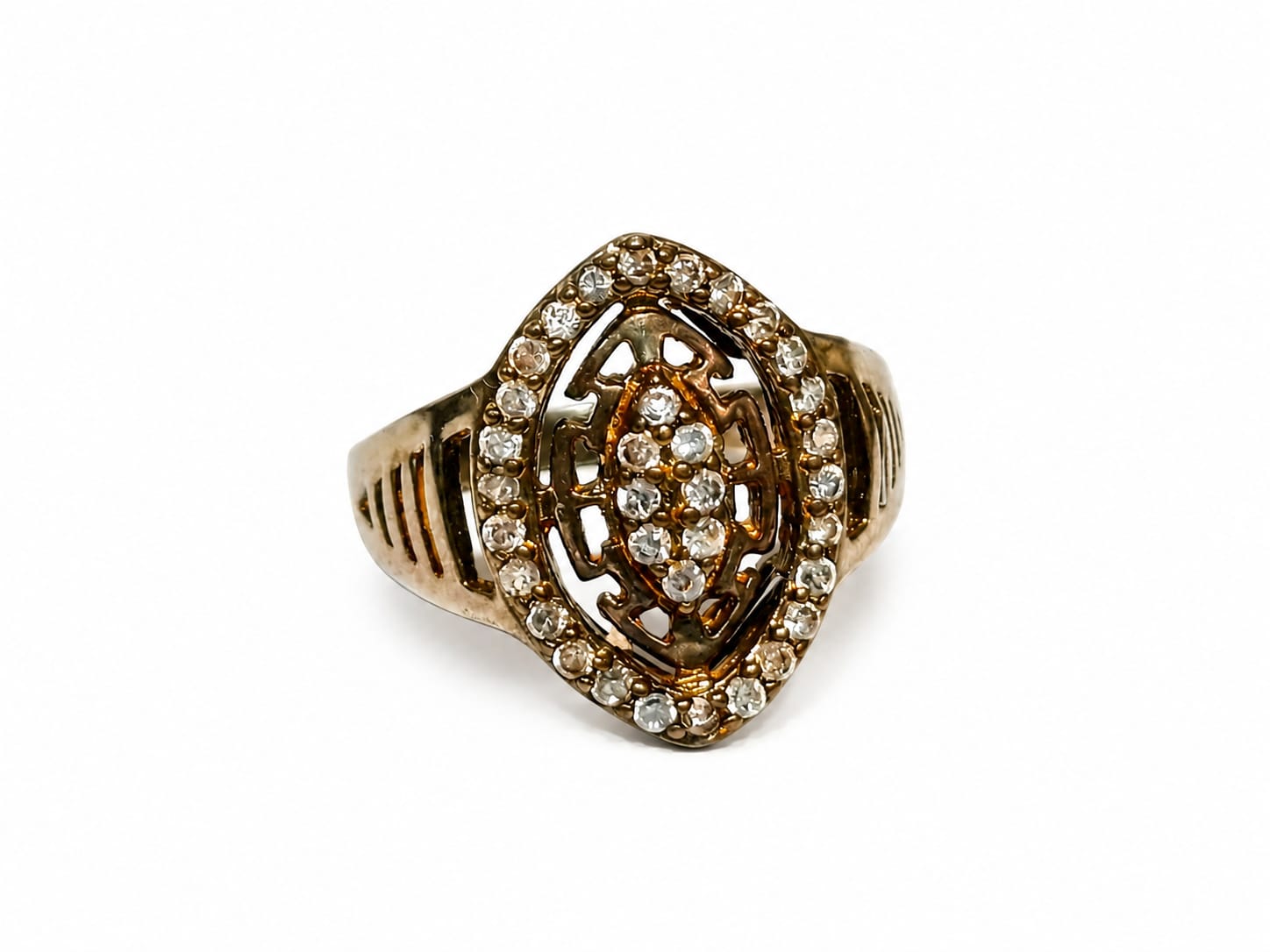 Vintage Crystal Halo Statement Ring – Antique Gold Finish