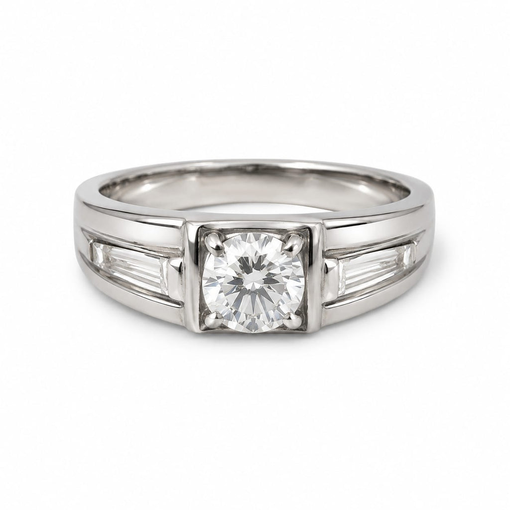 Classic Men's Solitaire Ring – Silver-Tone Statement Ring with Baguette Accents