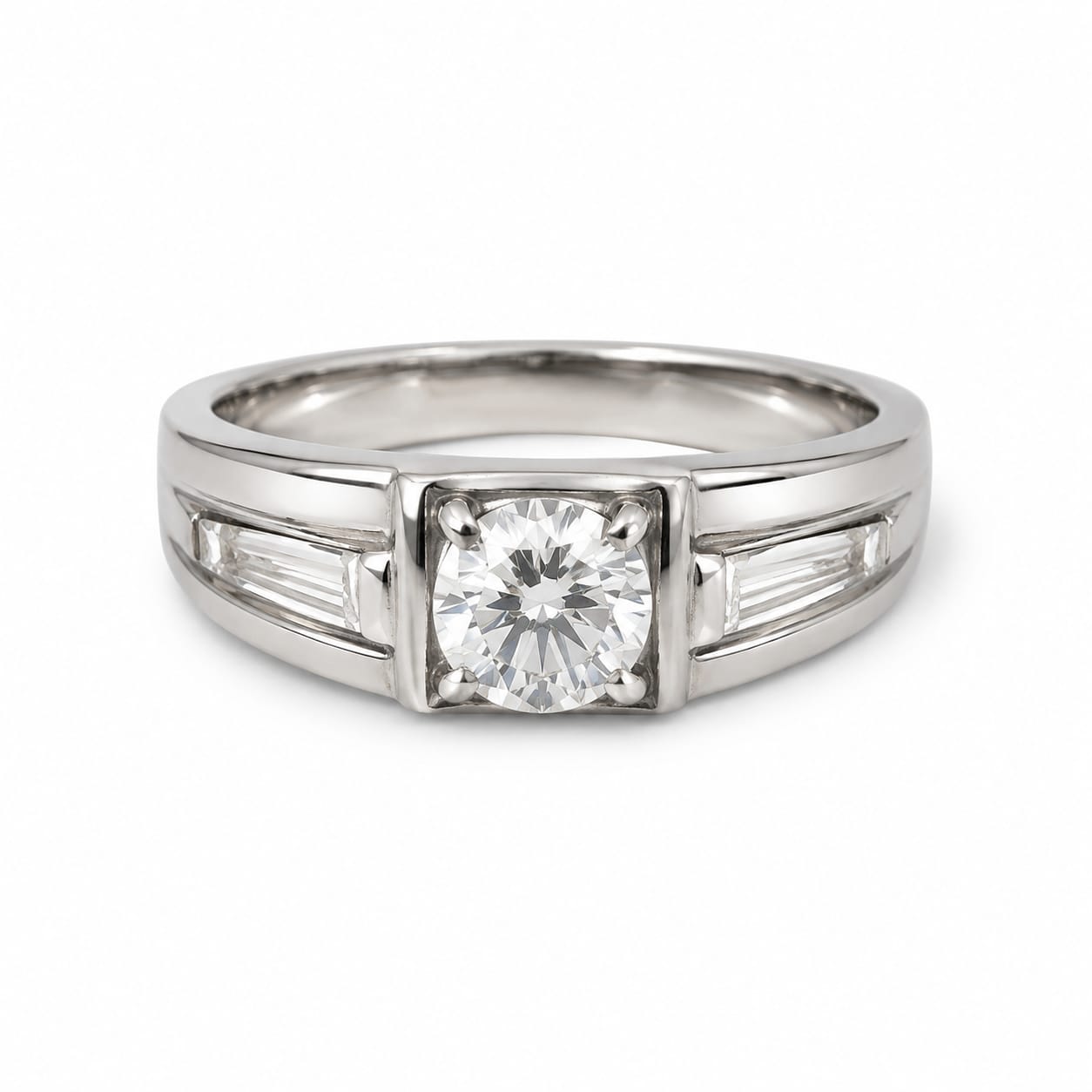 Classic Men's Solitaire Ring – Silver-Tone Statement Ring with Baguette Accents