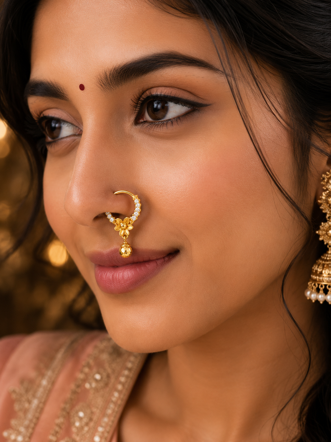 18K Gold Floral Crystal Hoop Nose Ring with Textured Ball Drop