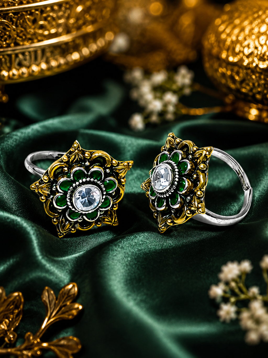 Emerald Royale Floral Silver Toe Rings