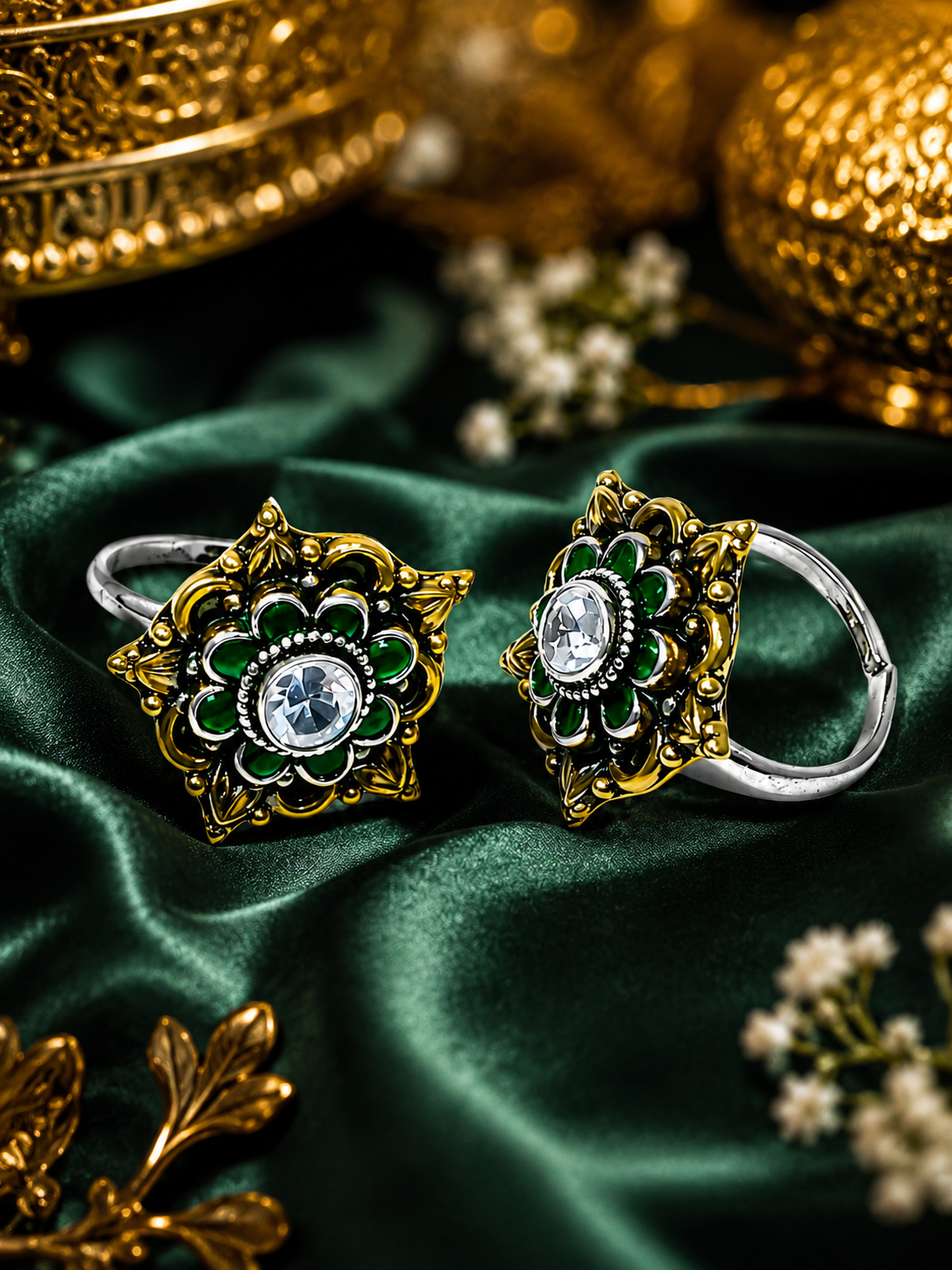 Emerald Royale Floral Silver Toe Rings