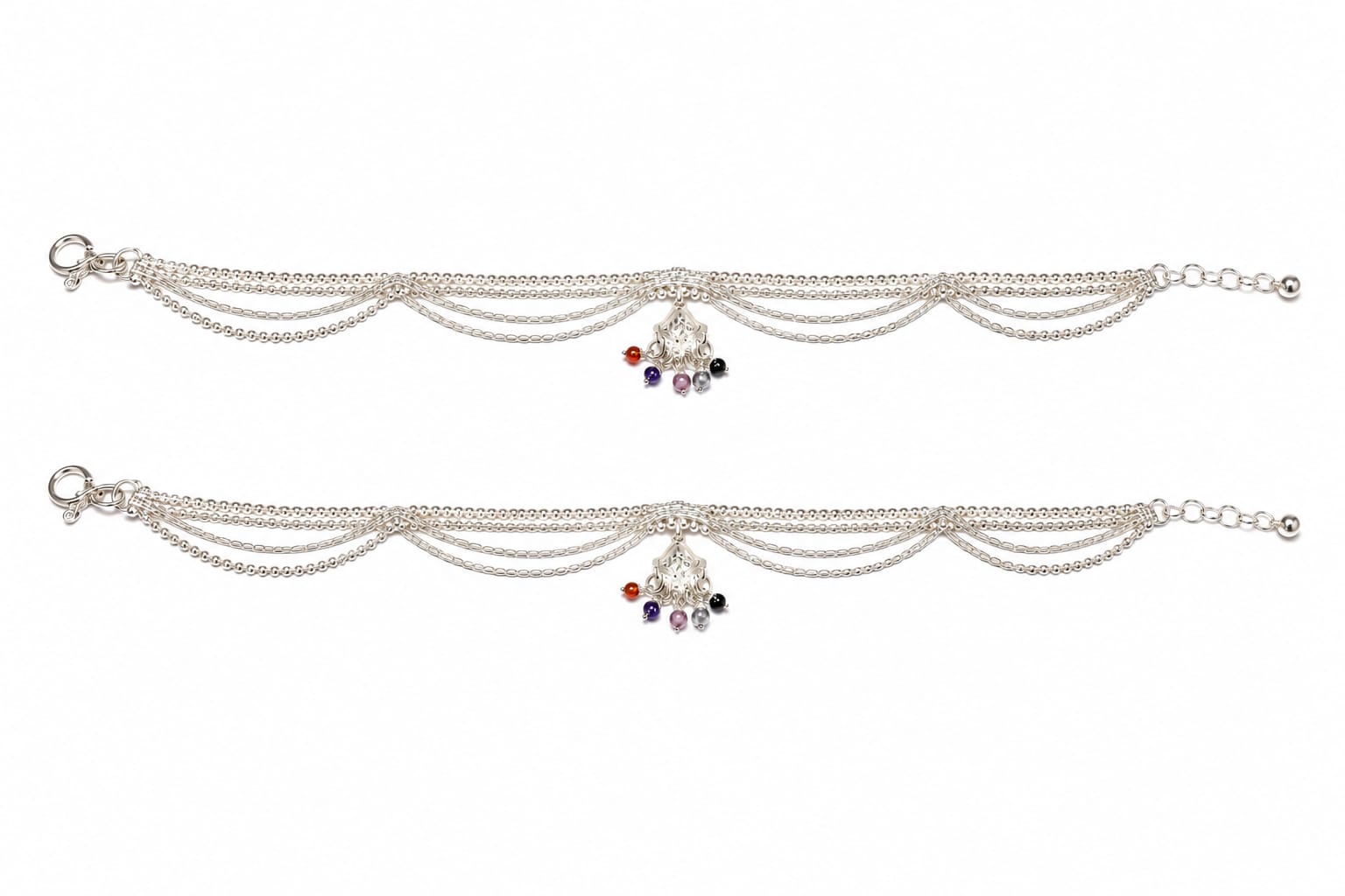 925 Sterling Silver Layered Chain Anklets with Multi-Color Bead Tassel