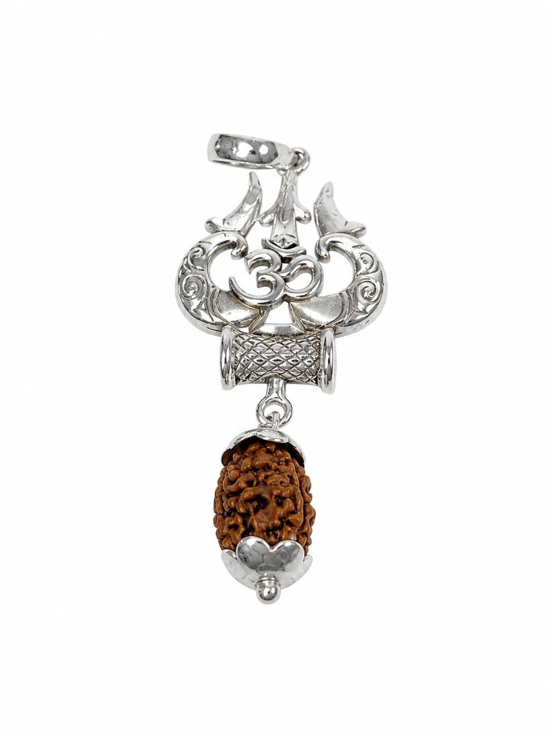 925 Sterling Silver Om Trishul Pendant with Natural Rudraksha