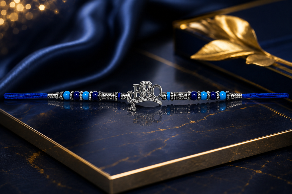Silver-Tone Bro Bro Rakhi with Blue Beads