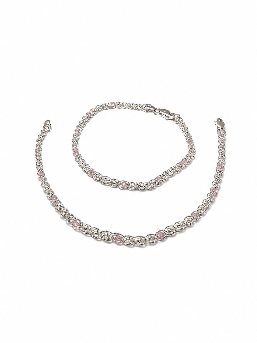 925 Sterling Silver Pink Stone Byzantine Anklet