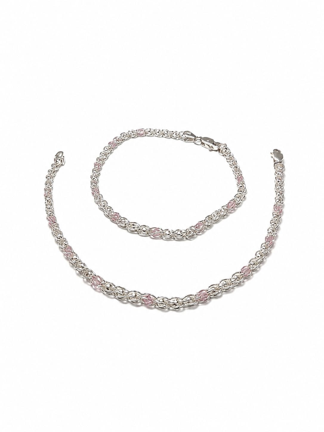925 Sterling Silver Pink Stone Byzantine Anklet