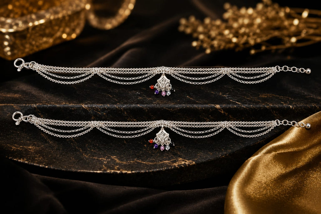 925 Sterling Silver Layered Chain Anklets with Multi-Color Bead Tassel