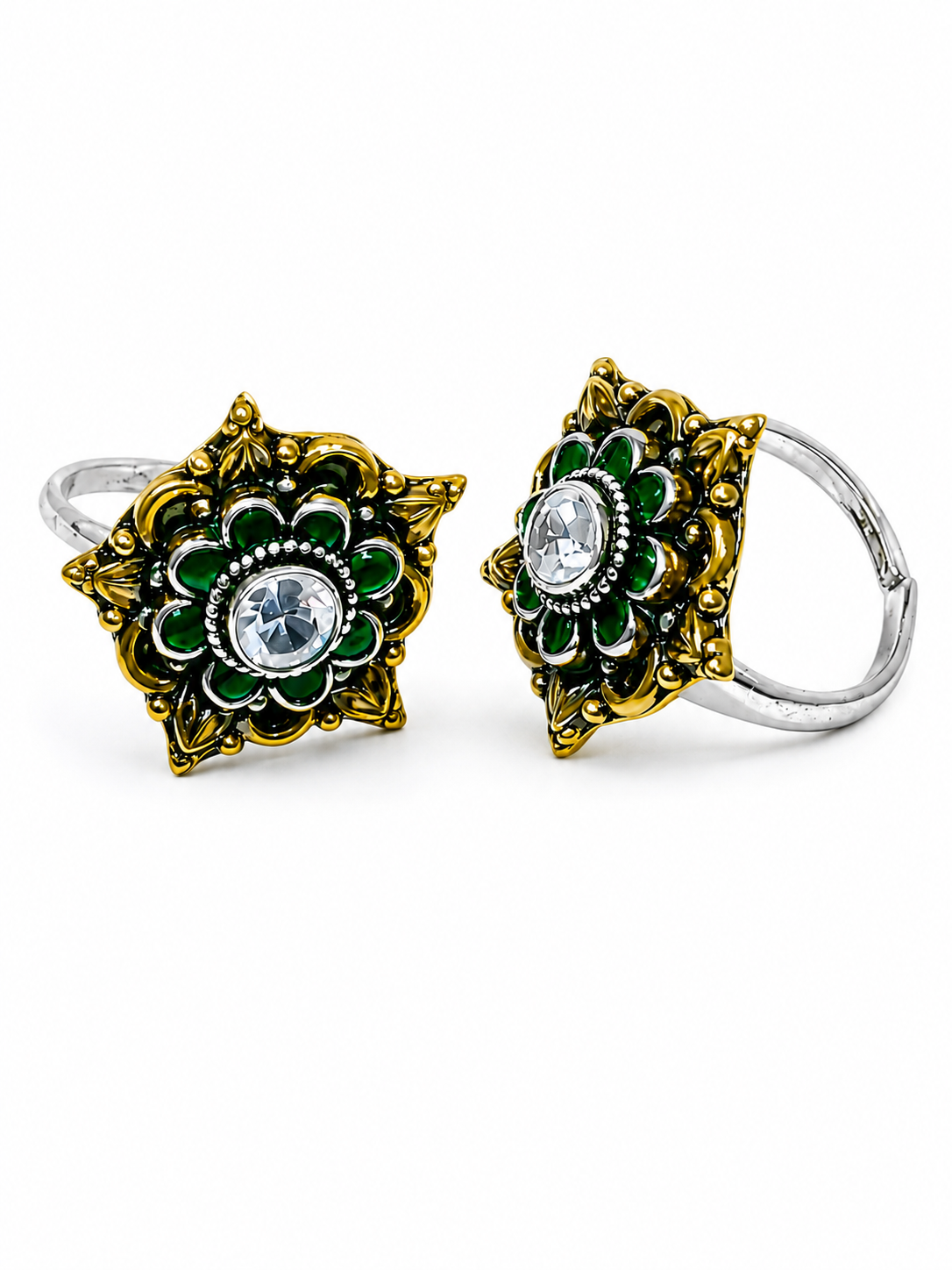 Emerald Royale Floral Silver Toe Rings