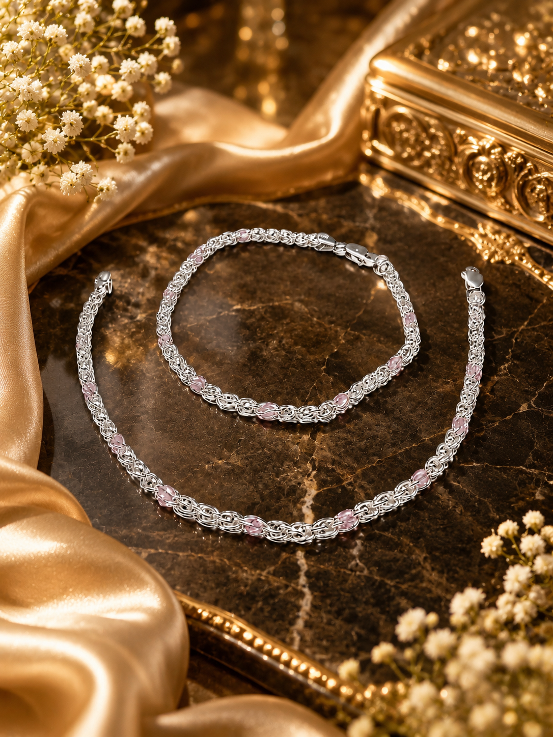 925 Sterling Silver Pink Stone Byzantine Anklet