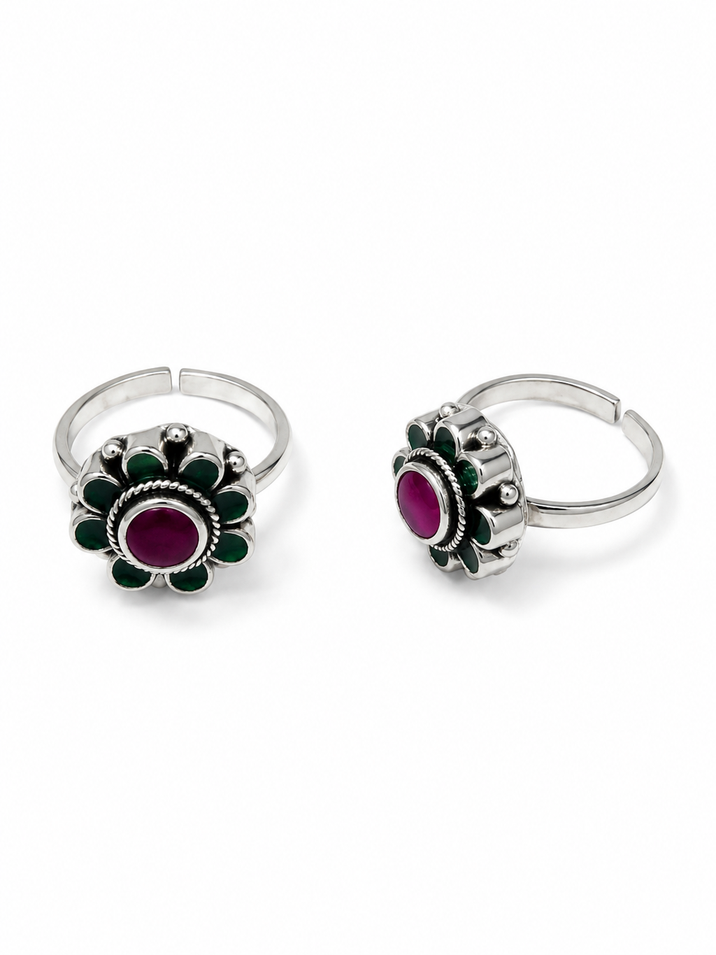 Ruby Green Floral Silver Toe Rings – Adjustable Traditional Design