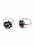 Ruby Green Floral Silver Toe Rings – Adjustable Traditional Design