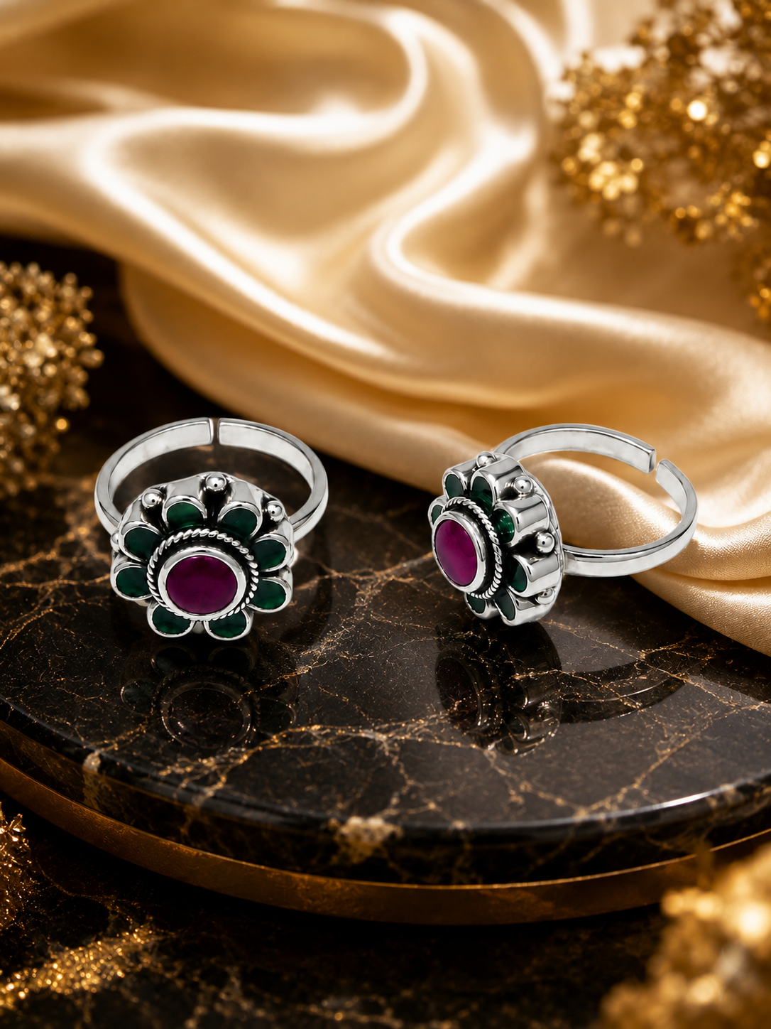 Ruby Green Floral Silver Toe Rings – Adjustable Traditional Design