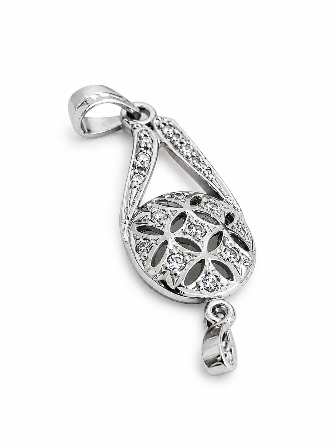 Elegant Silver-Tone Floral Teardrop Pendant Charm with Crystal Accents
