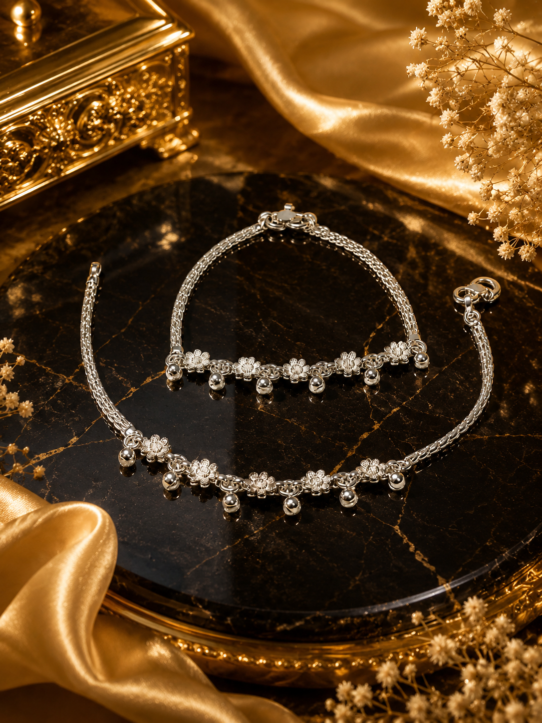 925 Sterling Silver Floral Charm Anklet