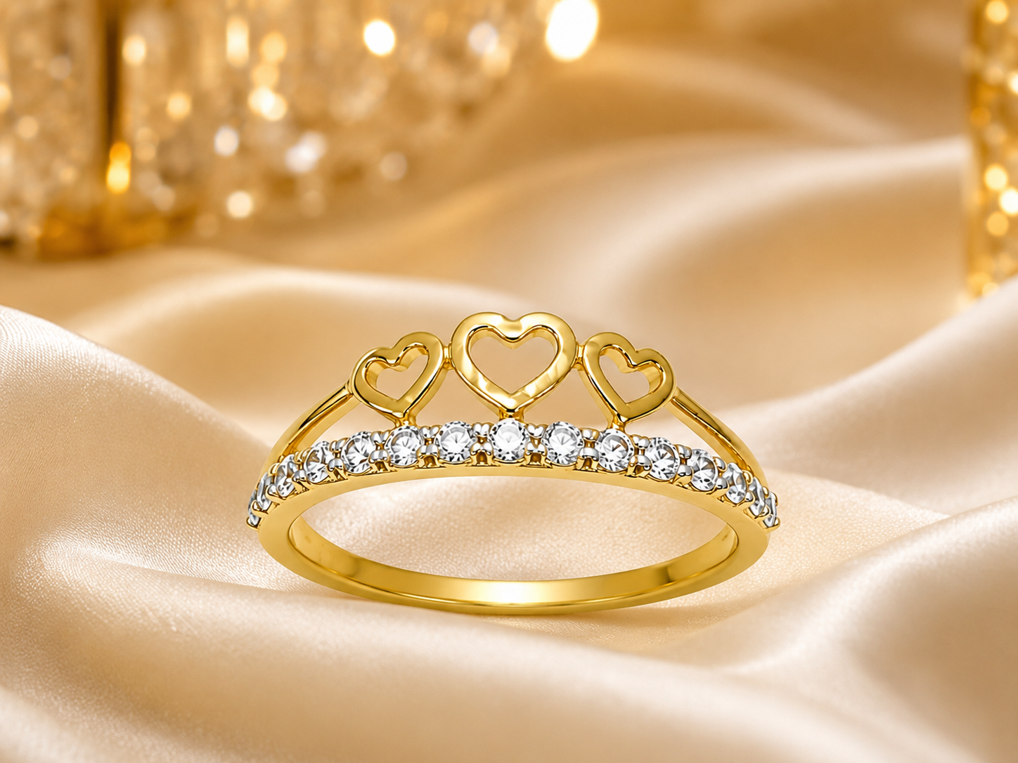 18K Gold Triple Heart Diamond Ring for Women