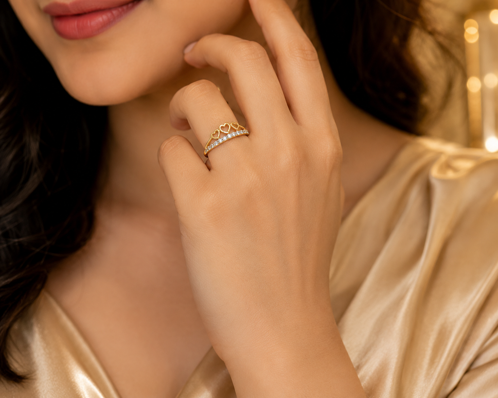 18K Gold Triple Heart Diamond Ring for Women