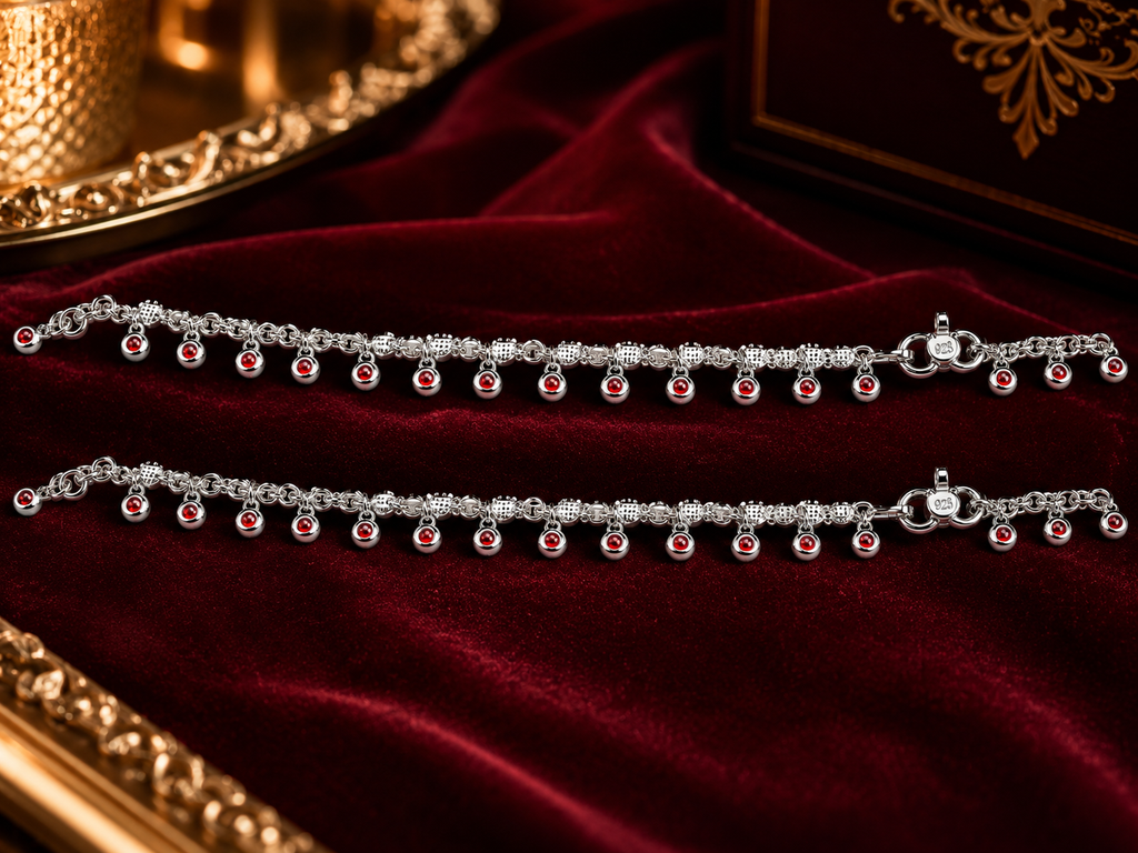 925 Sterling Silver Red Bead Charm Anklets for Women