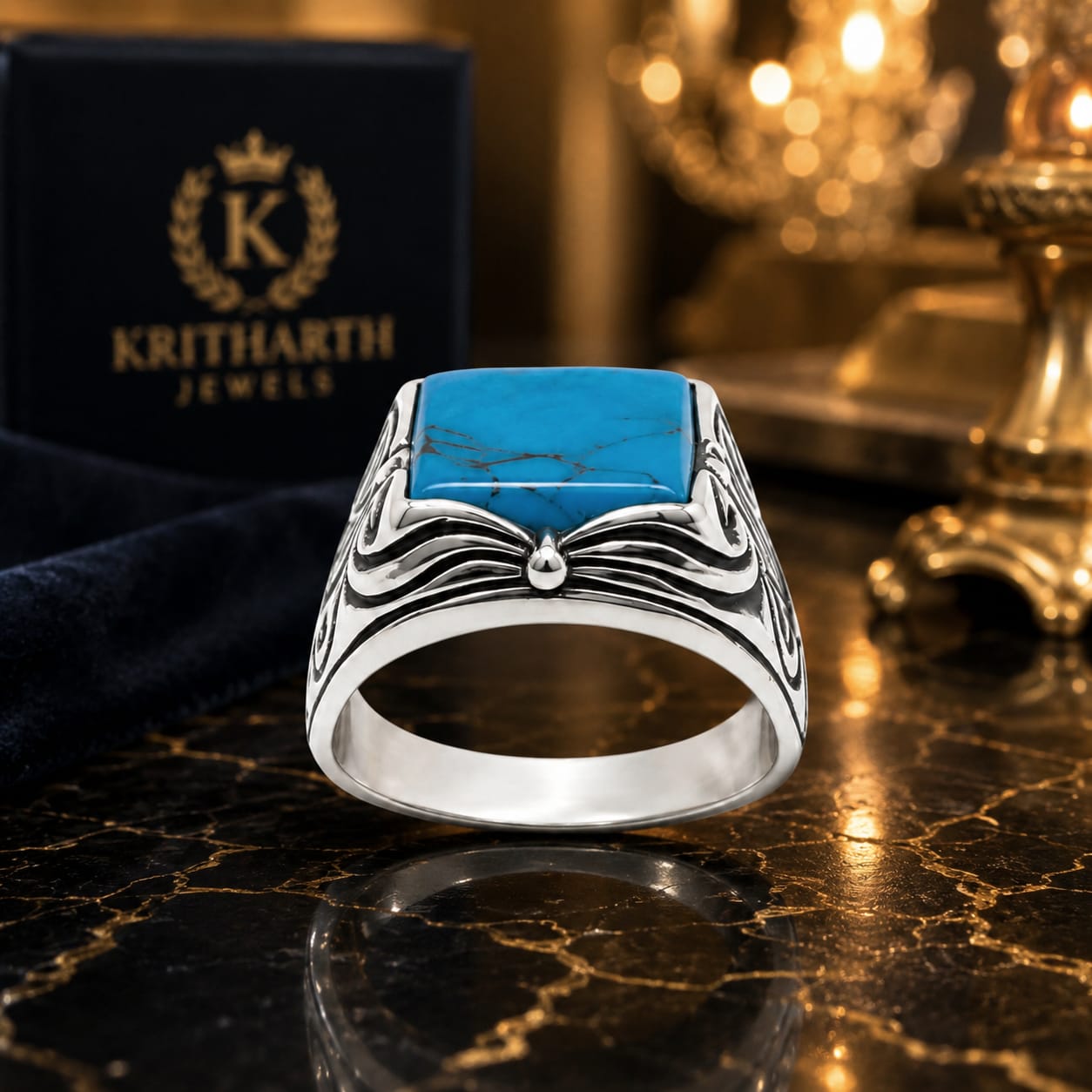 Kritharth Jewels Men's Silver-Tone Turquoise Statement Ring