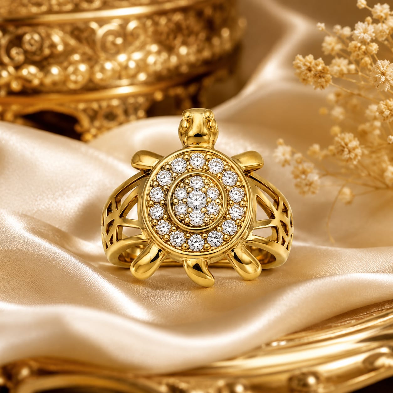 925 Sterling Silver Gold-Plated Turtle Ring with Cubic Zirconia for Women