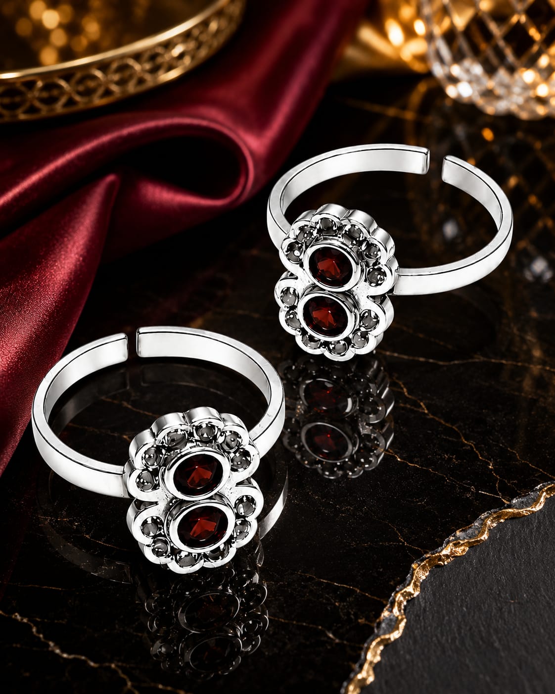 925 Sterling Silver Floral Ruby Toe Rings for Women