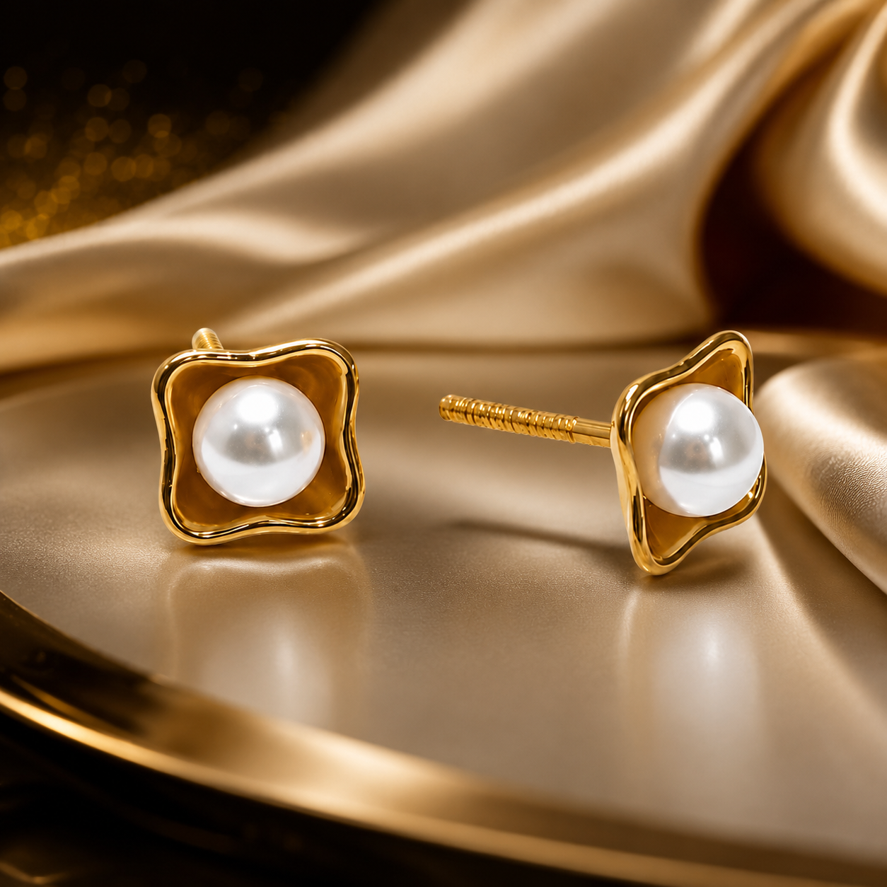 18K Gold  Floral Pearl Stud Earrings for Women