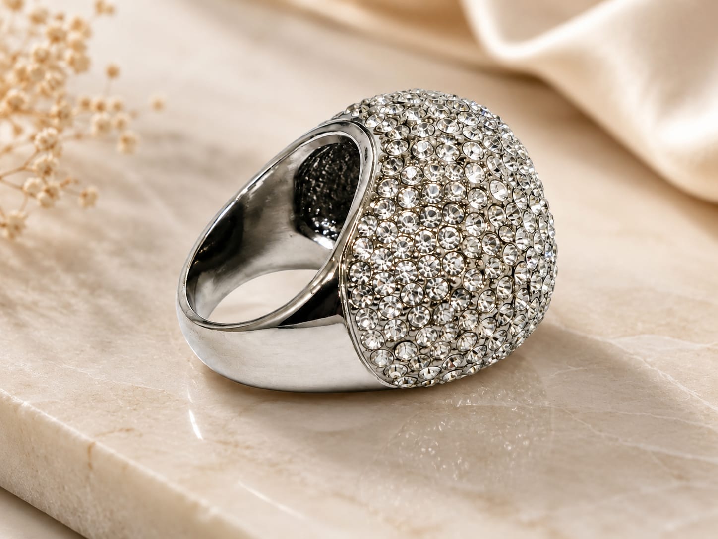 Luxury Crystal Dome Statement Ring – Silver Finish