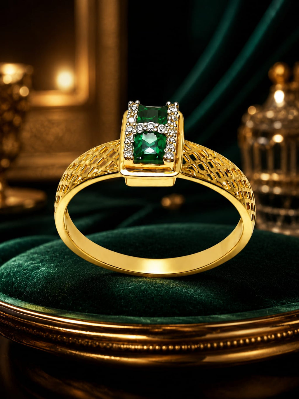 18K Gold Emerald & Diamond Geometric Ring for Women