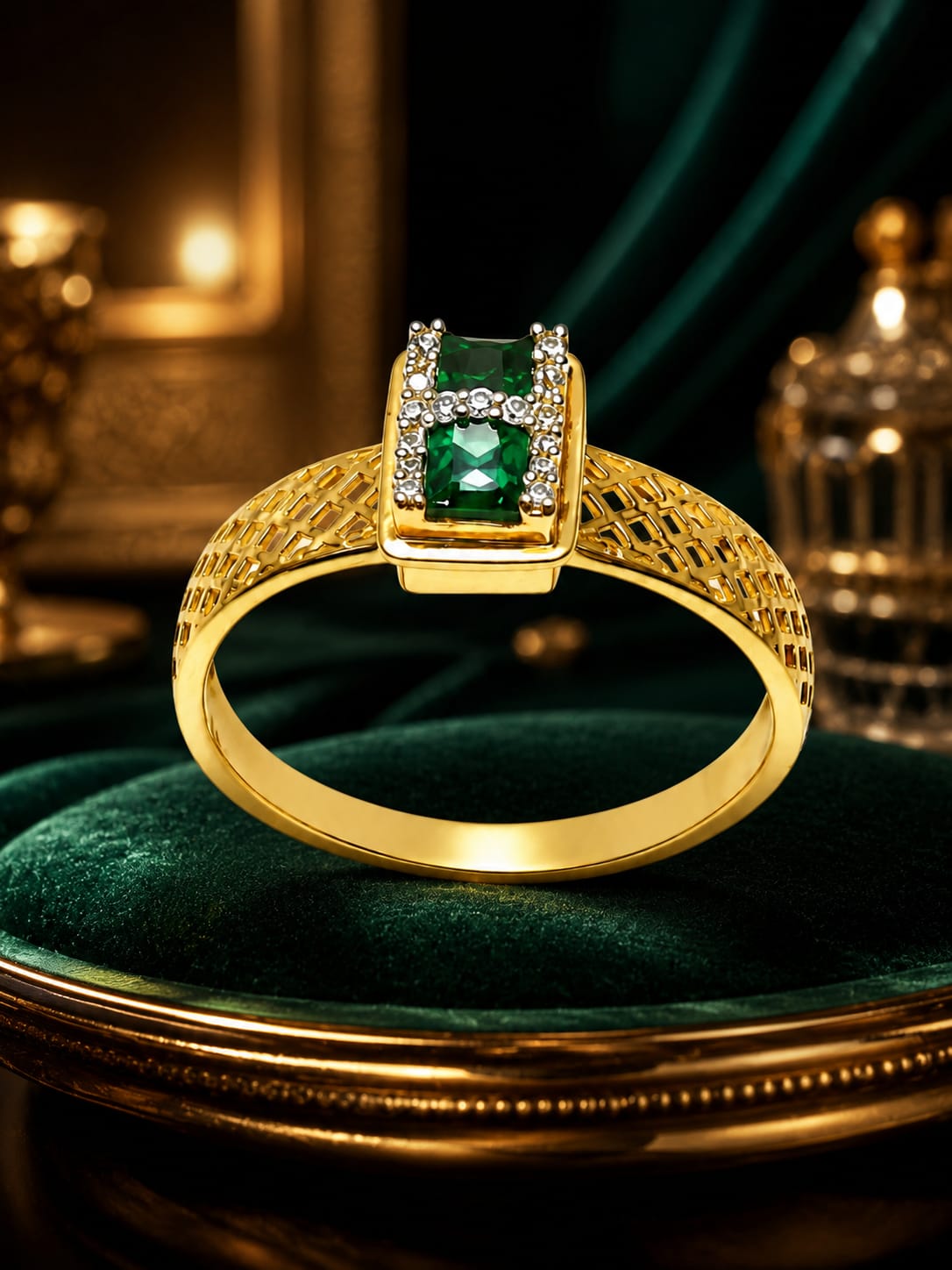 18K Gold Emerald & Diamond Geometric Ring for Women
