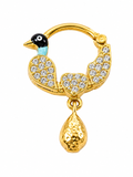 18K Gold Peacock-Inspired Nose Ring with Crystal Detailing