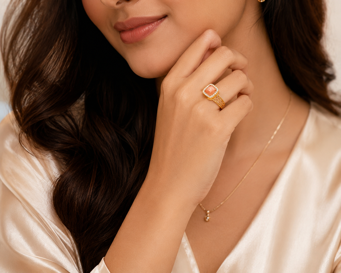 18K Gold Peach Gemstone Halo Ring for Women
