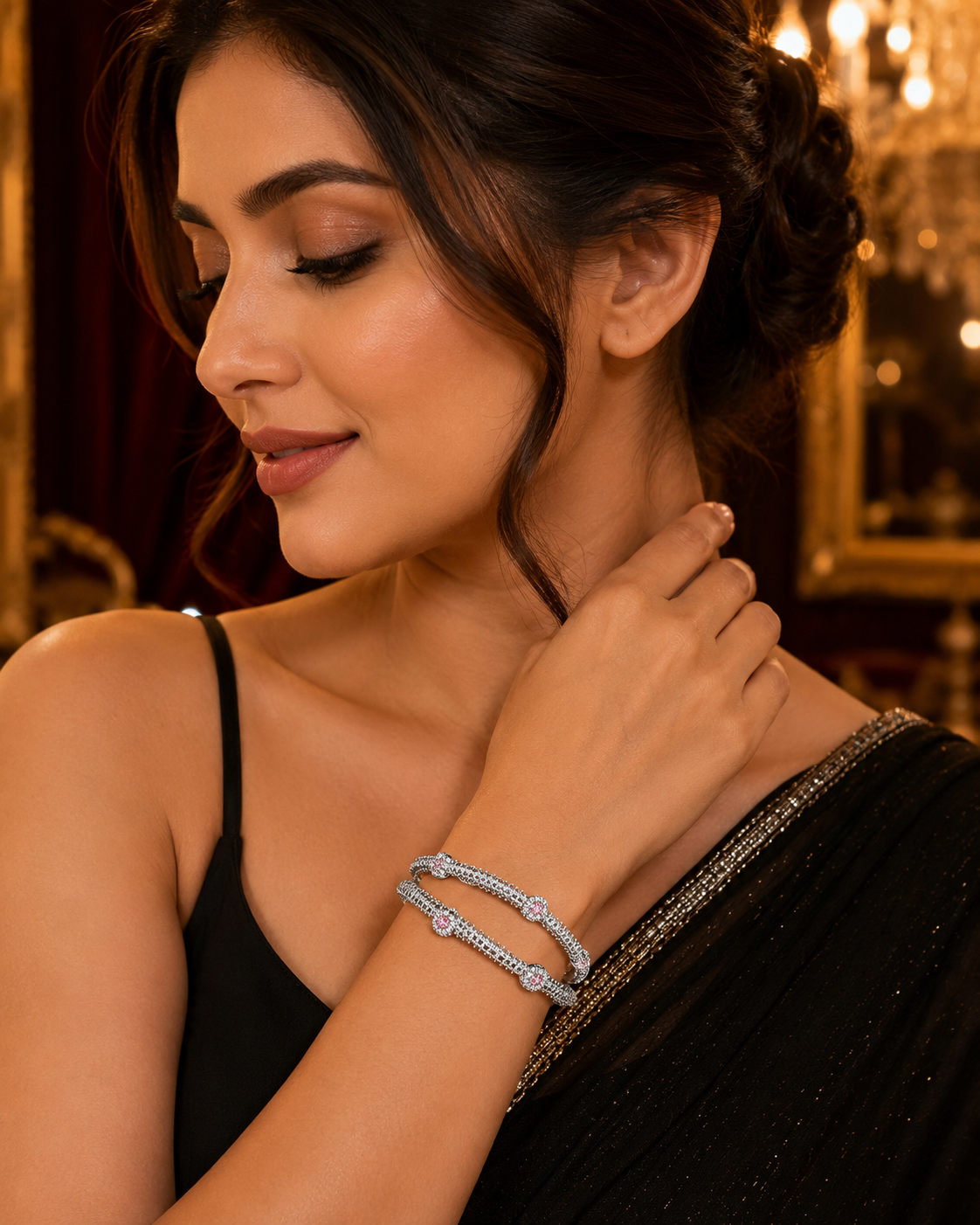 Elegant Silver-Tone Pink Stone Studded Designer Bangles for Women